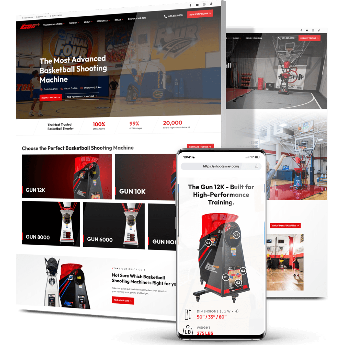 Shoot-A-Way basketball shooting machine website displayed on desktop and mobile, featuring product models and training equipment.