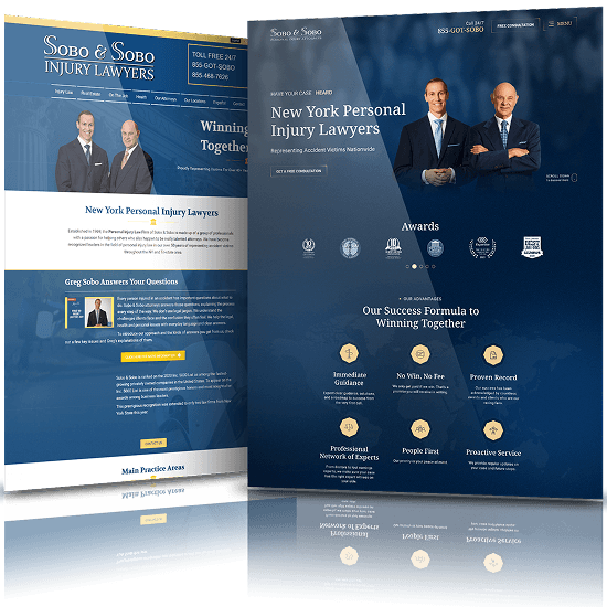 Sobo & Sobo personal injury law website before and after redesign with modern layout, award highlights, and structured content sections.