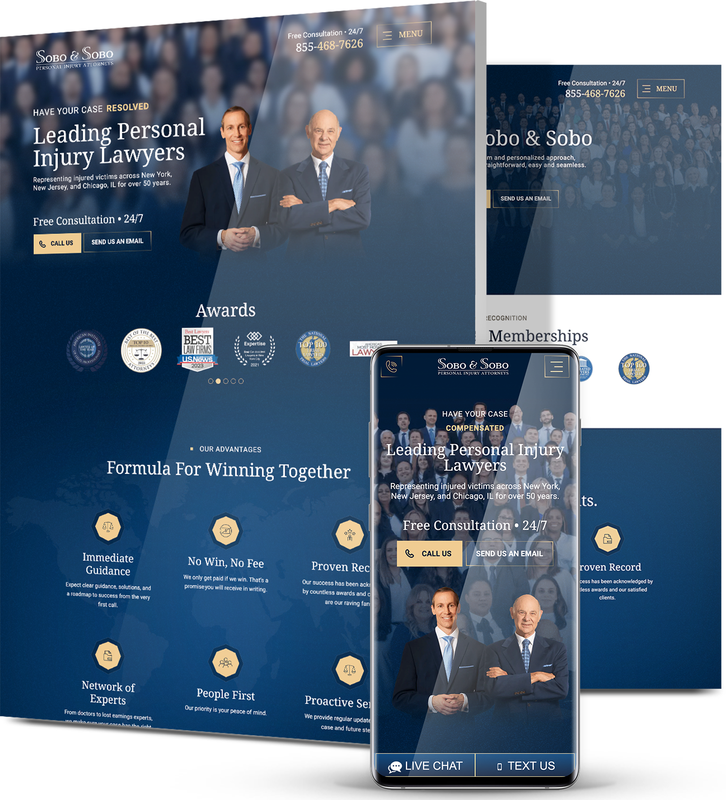 Sobo & Sobo personal injury law website showing attorneys, awards, and call-to-action for free consultation across devices.