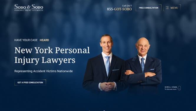 Sobo & Sobo personal injury law website featuring attorneys, strong headline, and consultation call-to-action.
