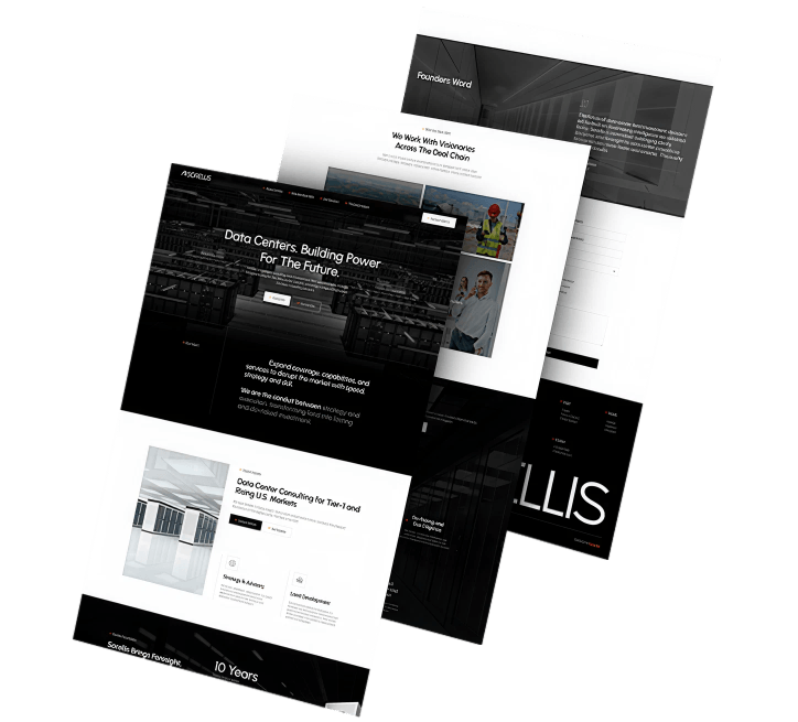 Three desktop screenshots of Sorellis's website pages in a reverse angled arrangement showing homepage and interior page layouts