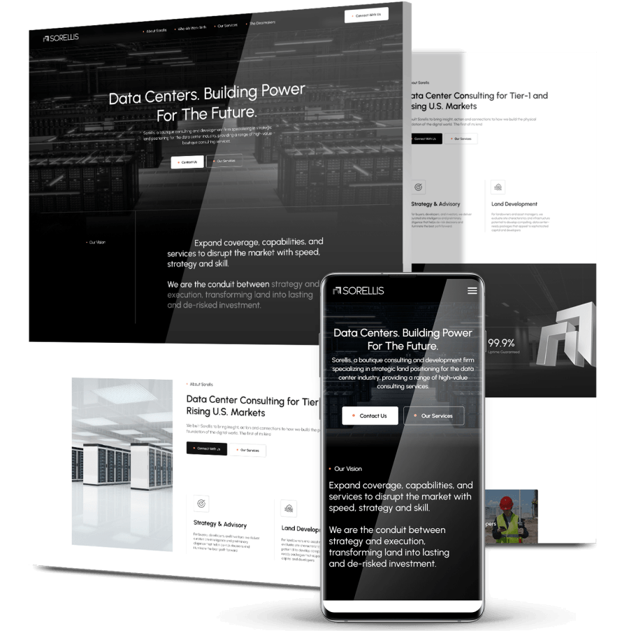 Sorellis website shown across desktop and mobile screens with dark hero section and data center consulting messaging