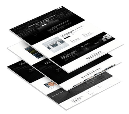 Three stacked desktop screenshots of Sorellis's website showing homepage, about page and services sections at an angled perspective