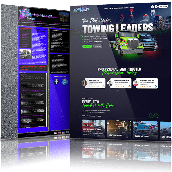 Before and after website redesign for South Philly Towing showing transformation to a bold, modern towing services website.