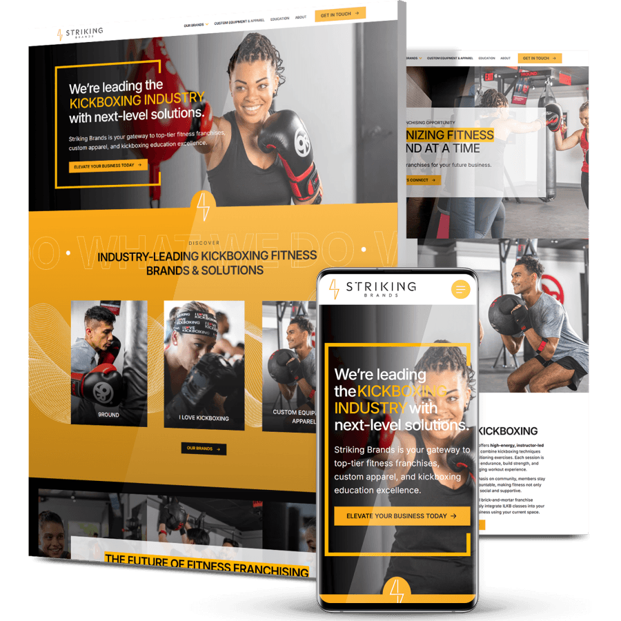 Striking Brands fitness and kickboxing website shown on desktop and mobile, highlighting training programs and franchise solutions.