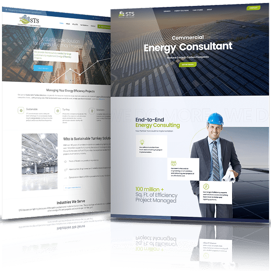 Before and after website redesign for STS energy consulting company showing improved layout, messaging, and modern responsive design