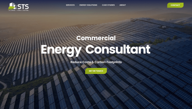 STS energy consulting website hero with solar farm imagery promoting commercial energy efficiency and cost reduction solutions