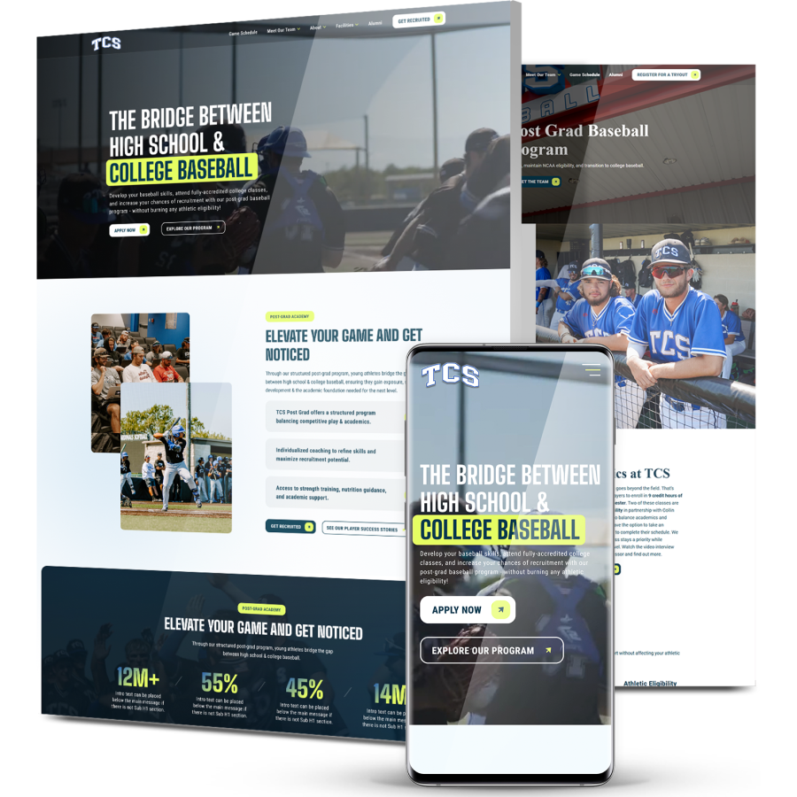 TCS baseball training program website shown on desktop and mobile, highlighting athlete development and recruitment opportunities.