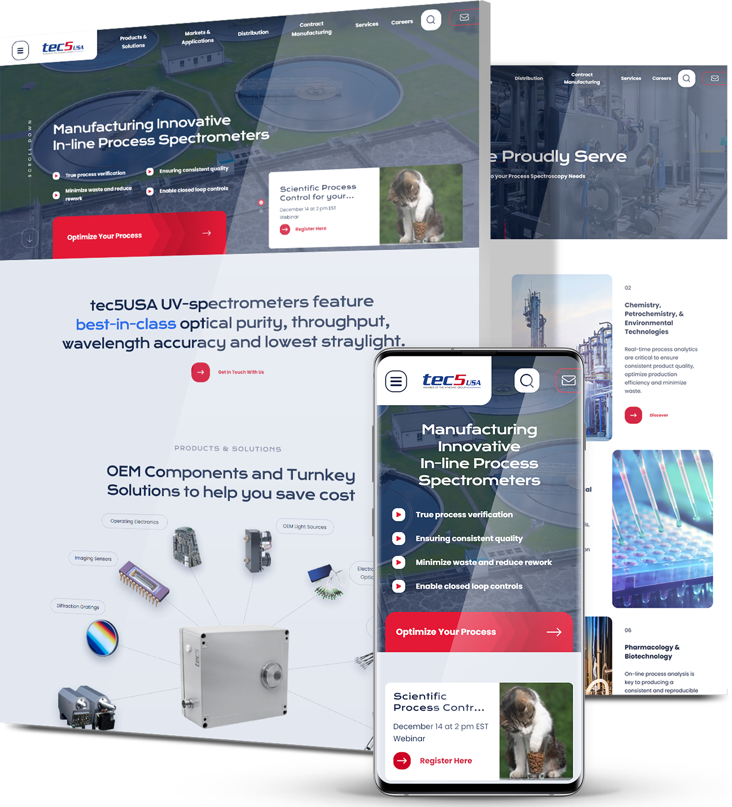 tec5USA spectroscopy website displayed on desktop and mobile, highlighting in-line process spectrometers and industrial applications.