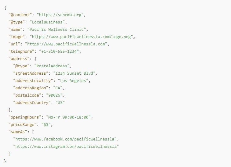 Image showing a schema markup for a local business in LA