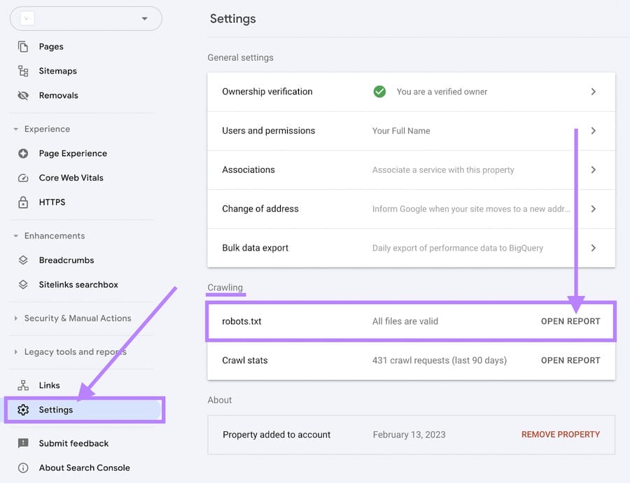 Image showing Google Search Console's crawling settings