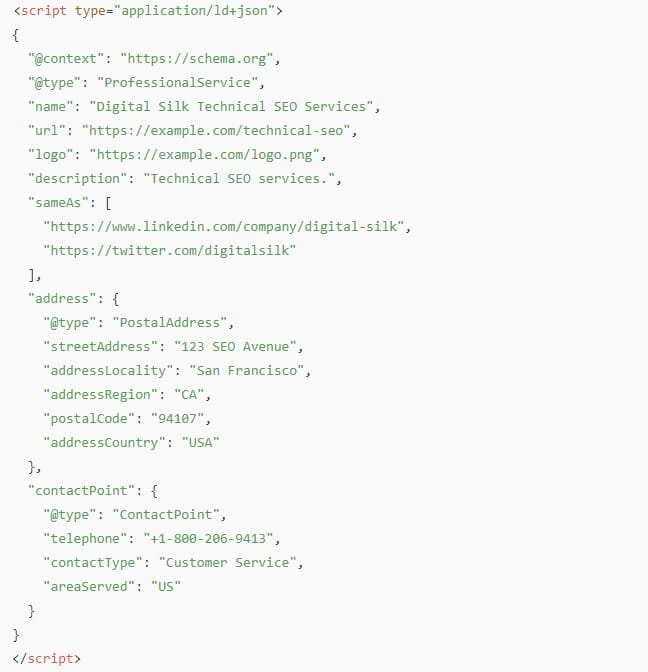 Image showing an example of a schema markup for a technical SEO company