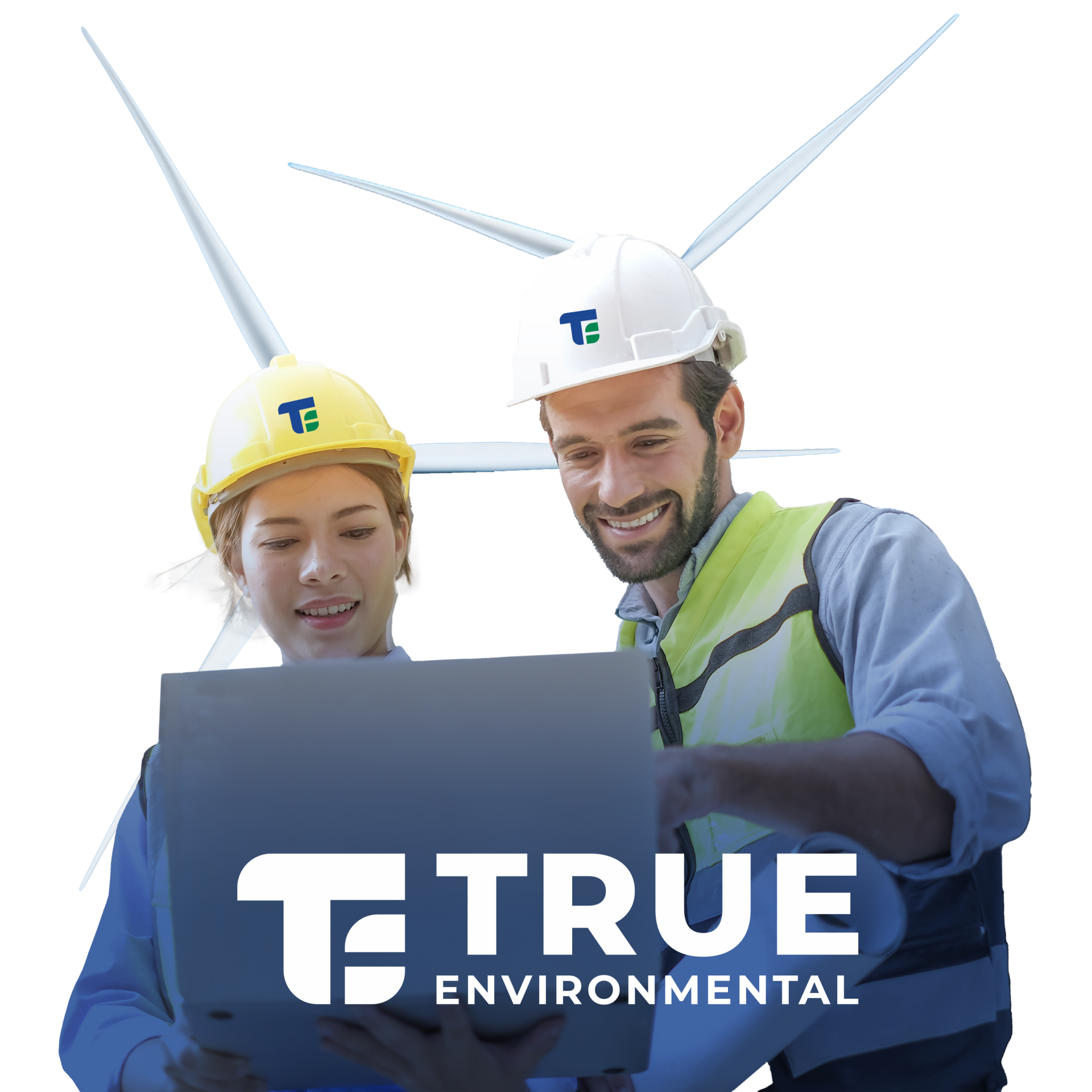 Two professionals with wind turbines backdrop