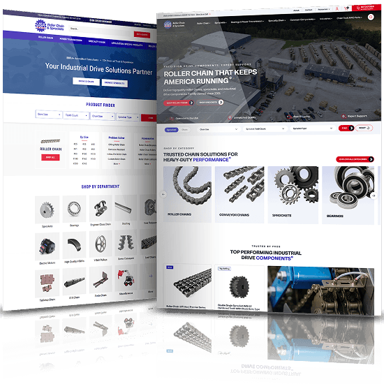 Before and after ecommerce website redesign for USA Roller Chain showing improved product navigation, catalog layout, and user experience.