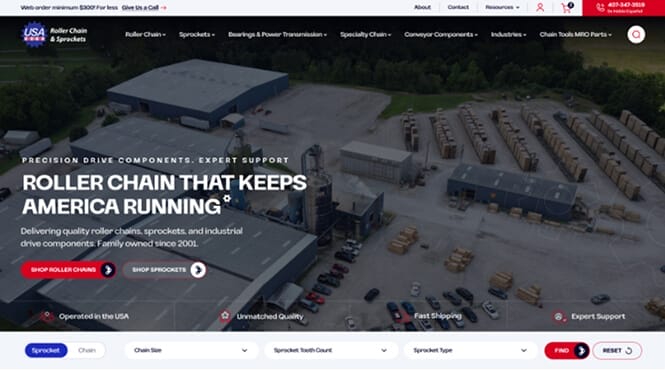 Industrial ecommerce website showcasing roller chains and drive components with warehouse and facility view