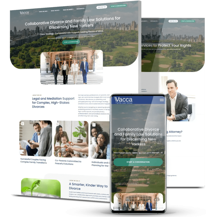 Vacca Family Law website displaying collaborative divorce services with clean layouts, city imagery, and mobile responsiveness.