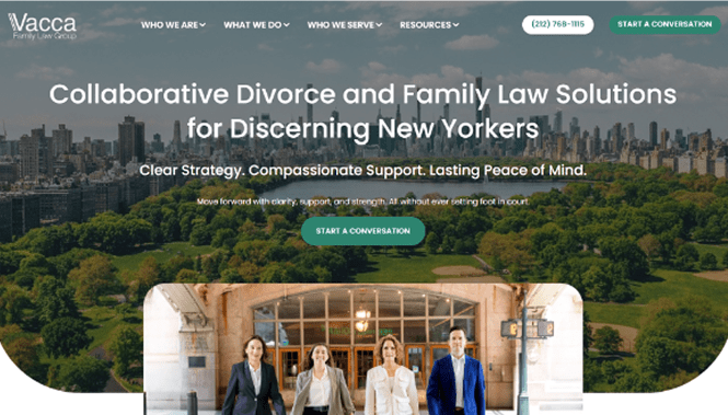 Vacca Family Law website homepage featuring New York skyline, family law messaging, and call-to-action for consultation.