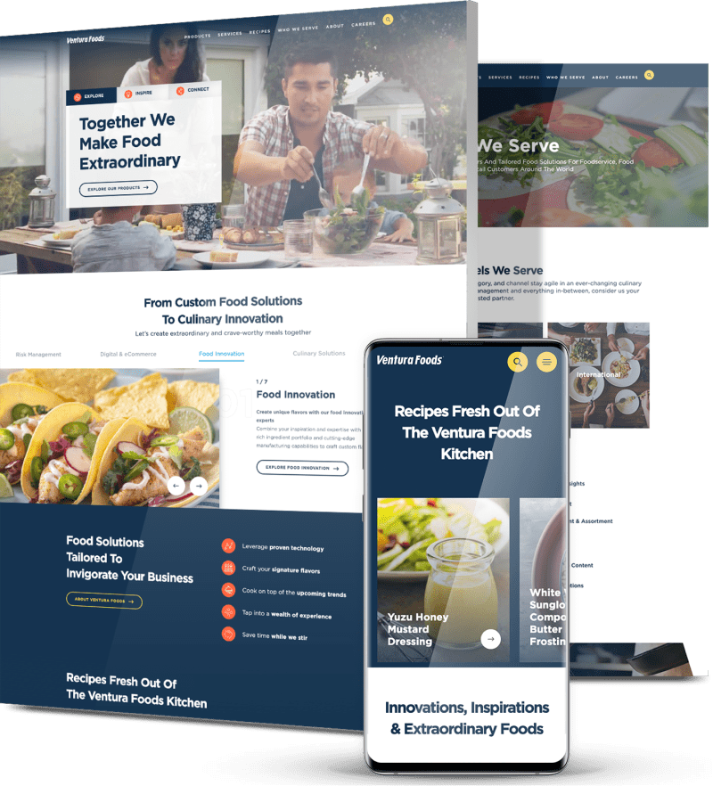 Ventura Foods' website design on desktop and mobile