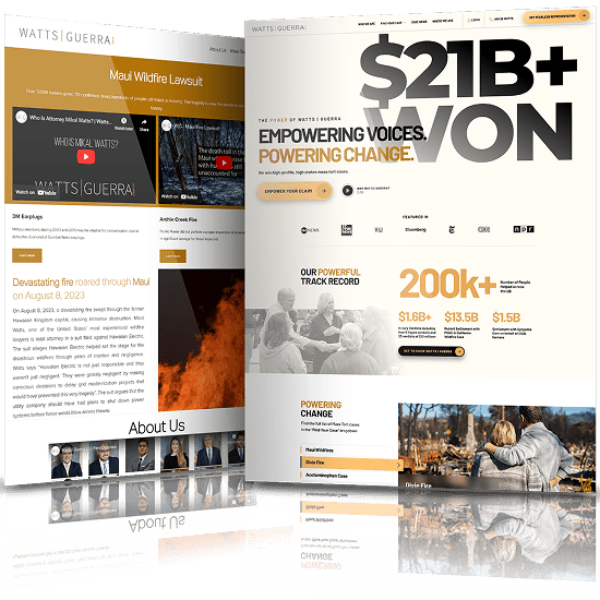 Watts Guerra law firm website before and after redesign featuring bold typography, large statistics, and impactful visuals.