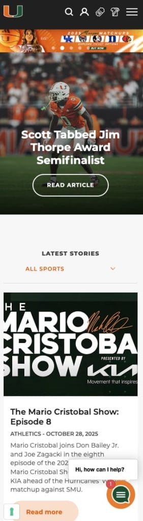 University of Miami Athletics mobile website screenshot