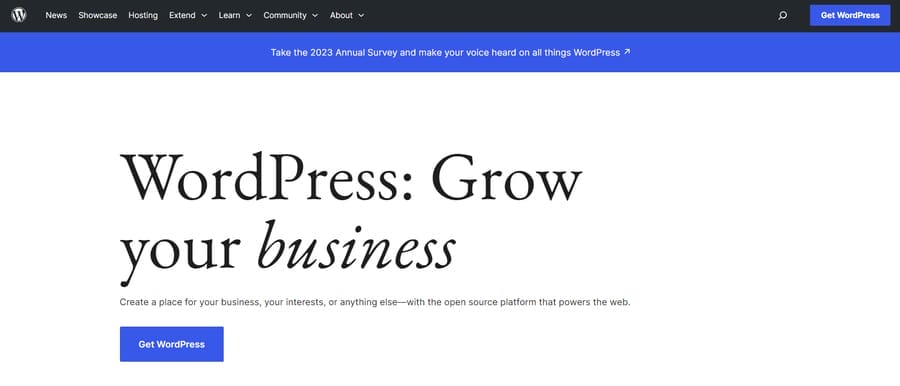 A screenshot of WordPress's website homepage
