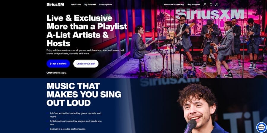 Sirius XM website screenshot