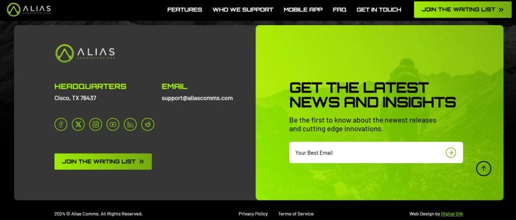 Alias' website footer design