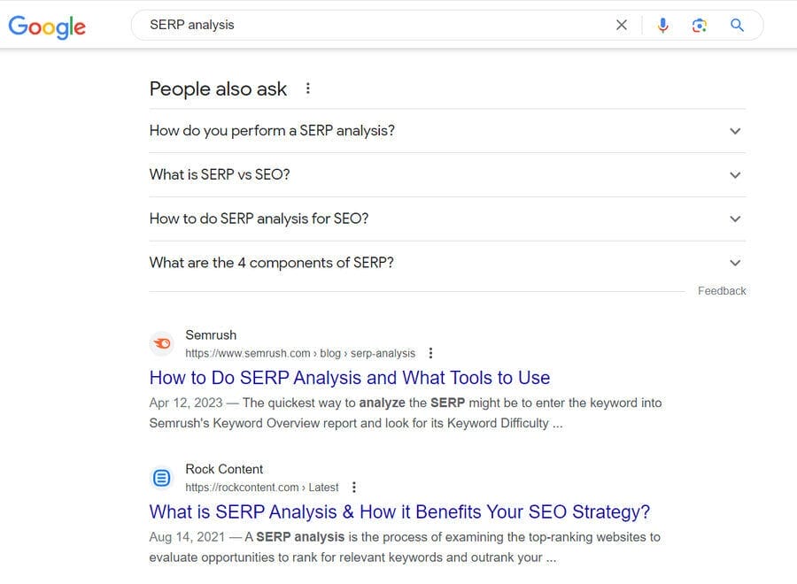 Google results for SERP analysis