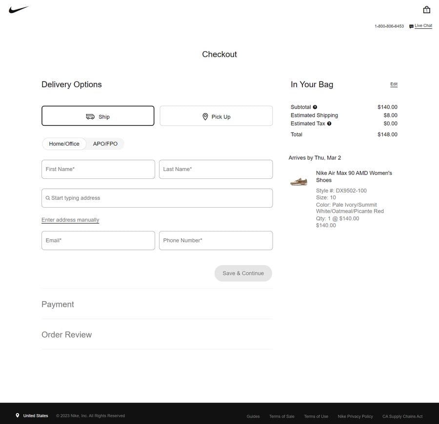 Nike's checkout page with its Air Max shoes in the basket