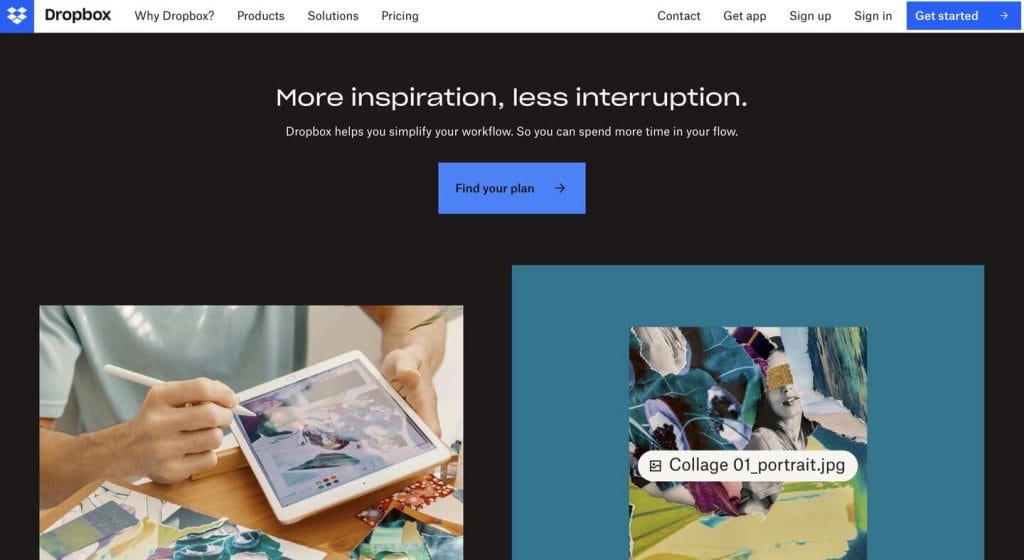 Dropbox mobile homepage