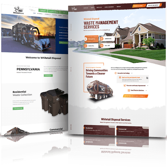 Whitetail Disposal website redesign comparison showing upgraded visuals, service navigation, and user-friendly layout