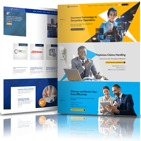 Side-by-side comparison of Xceedance’s website before and after redesign, highlighting bold visuals and improved content hierarchy.