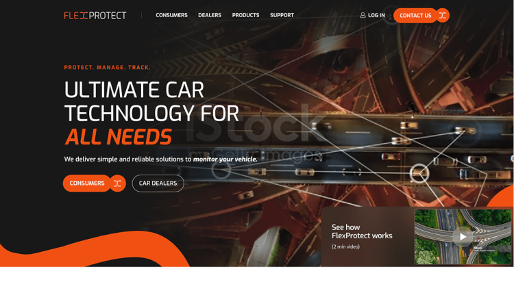 Automotive technology website design featuring connected car solutions with bold UI and service-focused layout