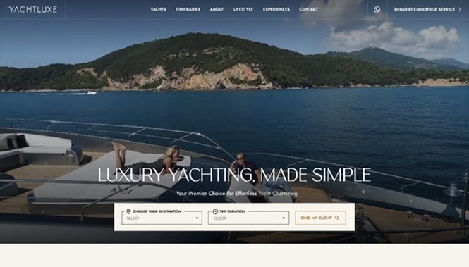 Luxury yacht charter website hero section with ocean view and booking interface for destinations and travel dates