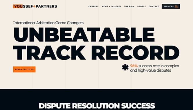 Youssef + Partners website hero section with bold typography emphasizing “Unbeatable Track Record” and arbitration expertise.