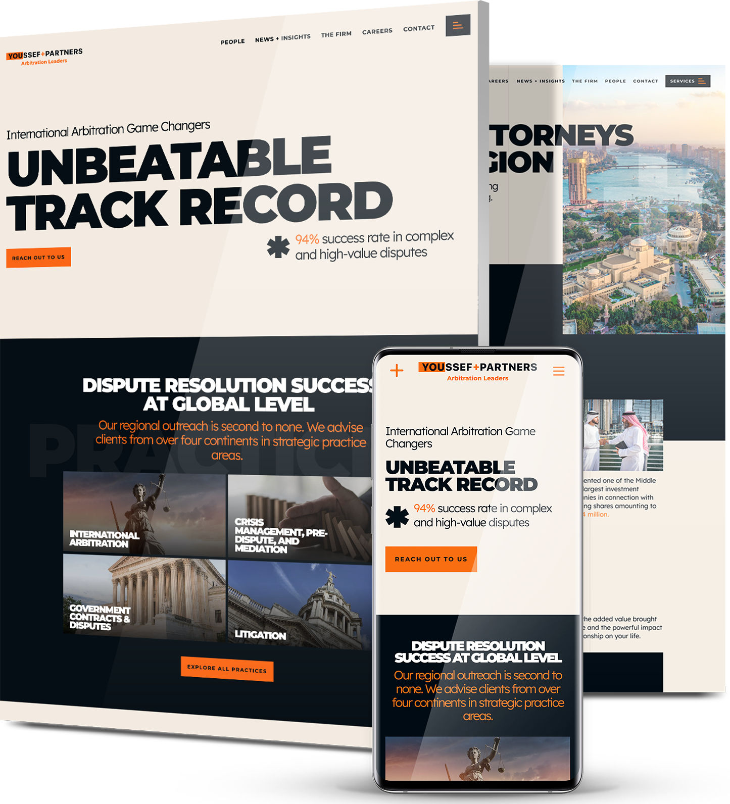 Youssef + Partners law firm website with bold typography emphasizing “Unbeatable Track Record” and global dispute resolution expertise.