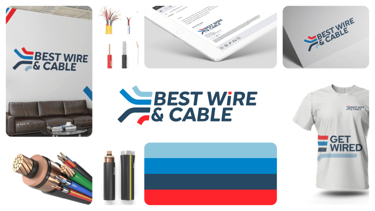 Best Wire & Cable branding board featuring logo applications, cable imagery, branded apparel, stationery mockups, and a blue-red industrial color palette.