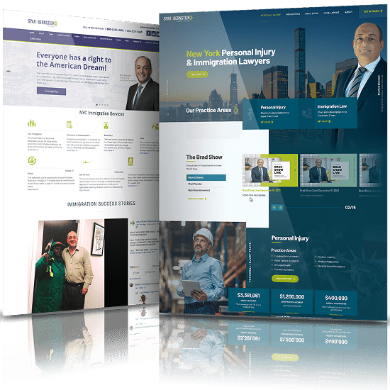 Before-and-after website design comparison for Spar & Bernstein featuring updated responsive webpage layouts with attorney imagery, immigration and personal injury content, modern UI elements, and professional legal branding.