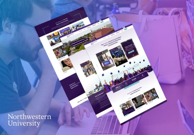 Northwestern University portfolio image featuring responsive university website designs with academic content, student-focused resources, and campus imagery displayed in a modern educational web interface.