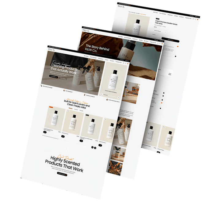Three angled mockups of the R&W Co. ecommerce website showcasing homepage, product, and brand story pages with a clean luxury aesthetic.