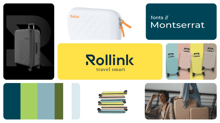 Rollink branding board featuring modern luggage photography, pastel color palettes, Montserrat typography, lifestyle imagery, and travel-inspired visual identity elements.