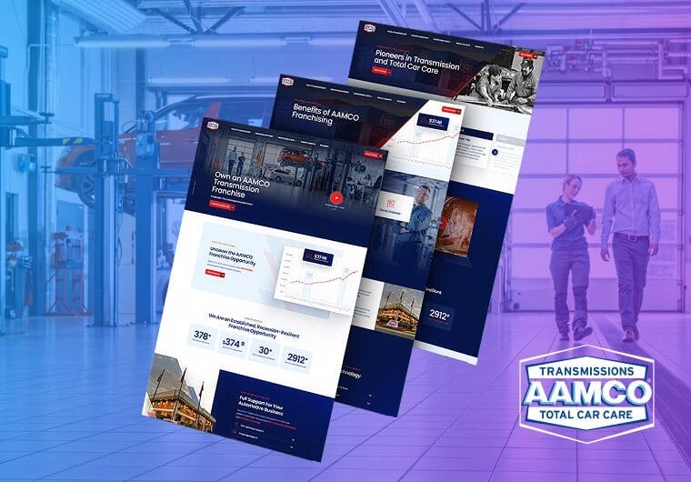 Three stacked images of AAMCO Total Car Care’s website design featuring automotive franchise opportunities, transmission repair services, business growth insights, and modern responsive layouts for customer engagement.