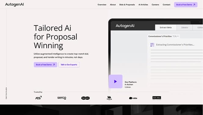 Custom AutoGenAI website design showcasing AI-powered proposal and bid management solutions with a clean, modern SaaS interface.