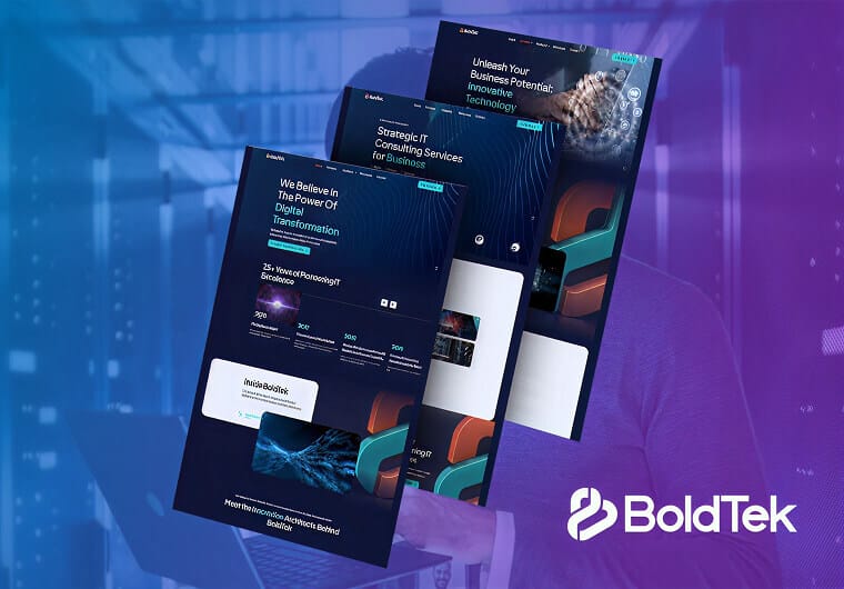 BoldTek website design mockup featuring multiple dark-themed responsive webpage layouts focused on digital transformation, IT consulting services, and modern enterprise technology branding.