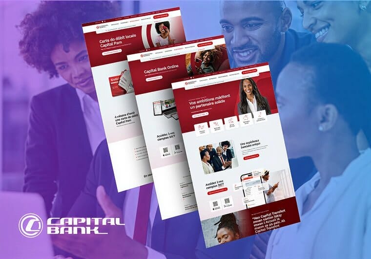 Capital Bank website design mockup featuring multiple responsive webpage layouts with online banking services, financial product pages, customer-focused imagery, and modern red-and-white banking branding on a blue and purple gradient background.