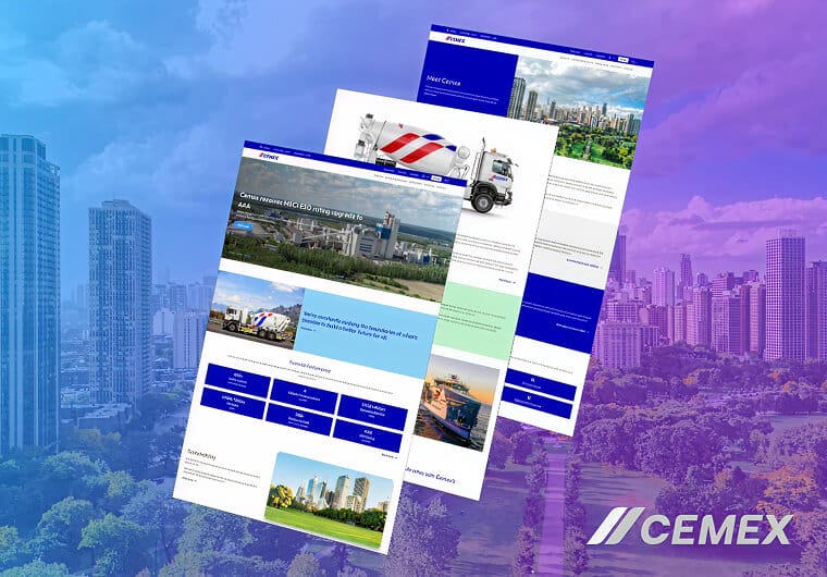CEMEX portfolio image featuring three responsive website layouts with ready-mix concrete services, construction solutions, and infrastructure content displayed over a city skyline background with blue and purple gradient overlay.