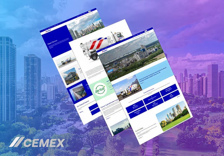 CEMEX portfolio image featuring three responsive website layouts with ready-mix concrete services, construction solutions, and infrastructure content displayed over a city skyline background with blue and purple gradient overlay.