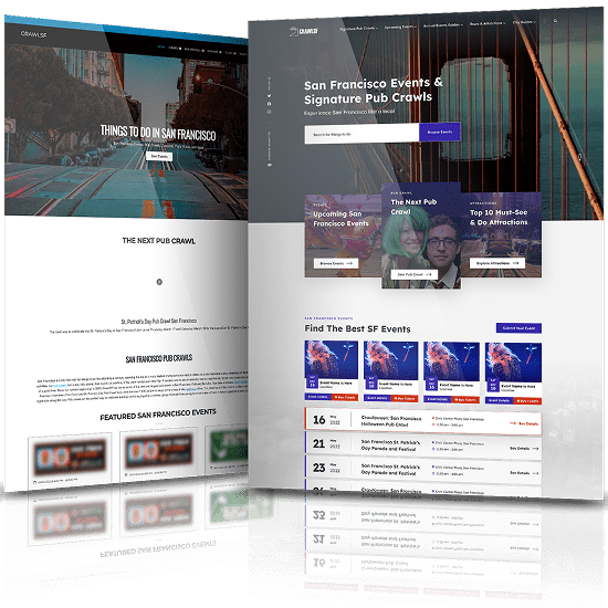 Before and after view of the CrawlSF website redesign, highlighting the shift from a basic event listing layout to a vibrant, user-friendly platform for discovering San Francisco events.