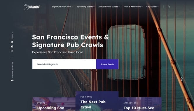CrawlSF homepage featuring San Francisco events and pub crawls with a search bar and vibrant city imagery in the background.