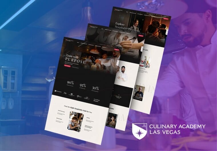 Culinary Academy of Las Vegas portfolio image featuring three responsive website layouts with culinary training programs, hospitality education content, chef imagery, and student success highlights over a restaurant-themed background with blue and purple gradient overlay.